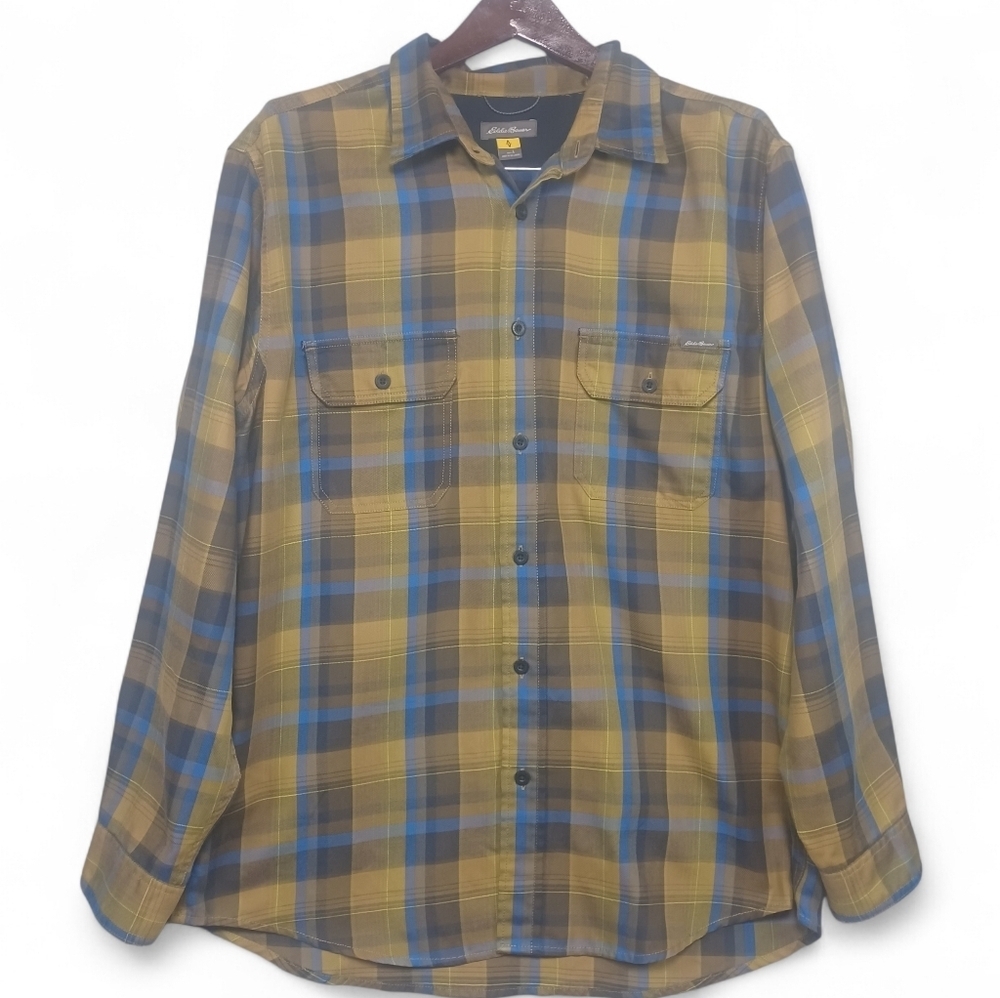 Eddie Bauer Travex Men’s Plaid Button Up Large Flannel Shirt Brown Blue Outdoor - Picture 2 of 13